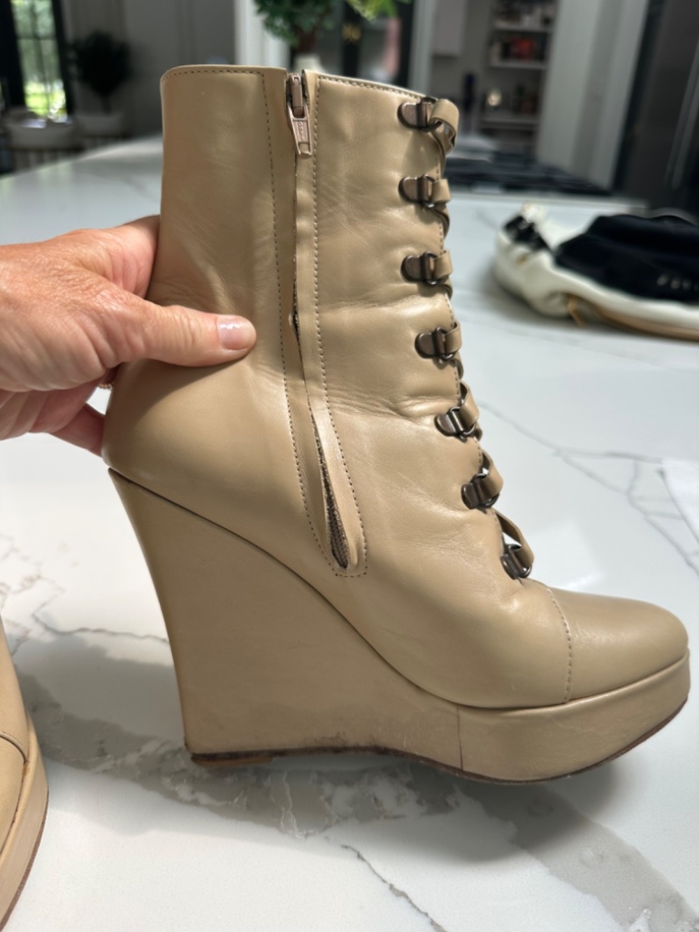 Cesare Paciotti Nude Leather Zip Platform Wedge Bootie - Picture 3 of 9